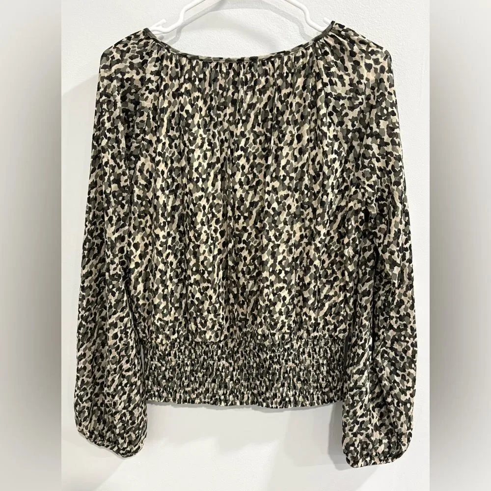 White House Black Market Black Olive Green and Cream Smocked Blouse